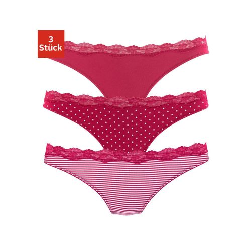 String LASCANA, Damen, Gr. 44/46, rot (rot, gestreift, uni, gepunktet), Obermaterial: 95% Baumwolle, 5% Elasthan. Spitze: 87% Polyamid, 13% Elasthan, unifarben, gestreift, gepunktet, körpernah, Unterhosen, aus elastischer Baumwolle mit zarter Spitze