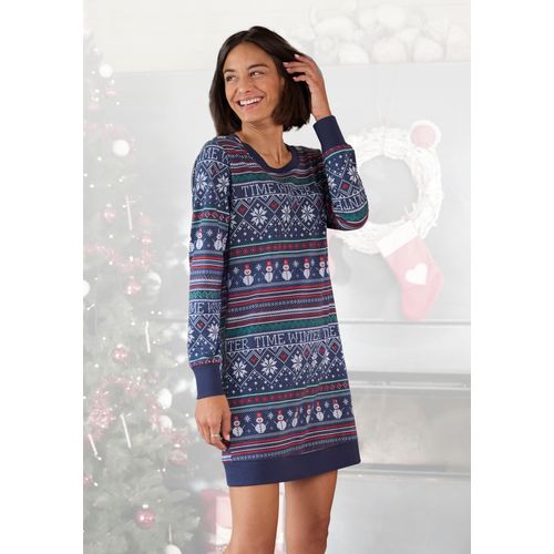 Nachthemd LASCANA, Damen, Gr. 36/38, N-Gr, blau (dunkelblau gemustert), Single Jersey, Obermaterial: 60% Baumwolle, 40% Polyester, feminin, körpernah kurz, Rundhals, Langarm eingesetzt Rippbündchen kontrastfarben, Kleider, mit winterlichem Druck