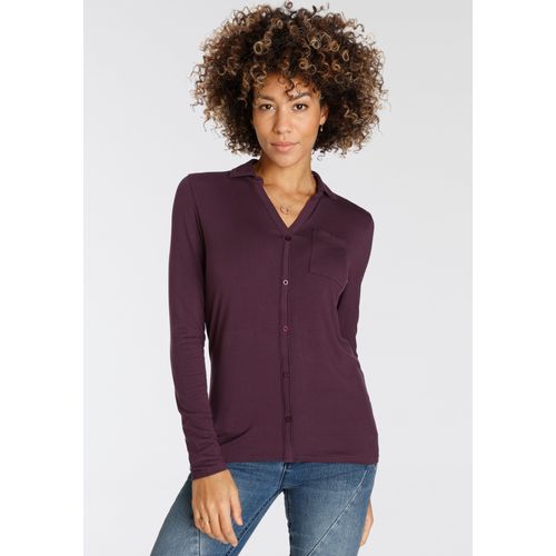 Langarmshirt BOYSEN'S, Damen, Gr. 36, lila (pflaume), Single Jersey, Obermaterial: 95% Viskose, 5% Elasthan, unifarben, figurbetont hüftbedeckend, abgesteppt, Shirts, langärmel, figurbetonter Schnitt, Blusenkragen
