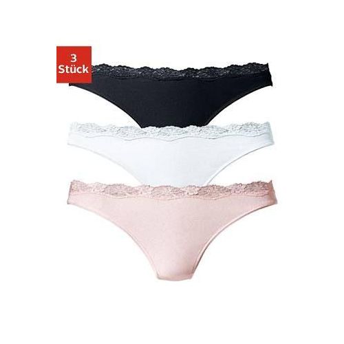 String LASCANA, Damen, Gr. 44/46, bunt (rosa, weiß, schwarz), Obermaterial: 95% Baumwolle, 5% Elasthan. Spitze: 87% Polyamid, 13% Elasthan, unifarben, körpernah, Unterhosen, aus elastischer Baumwolle mit zarter Spitze