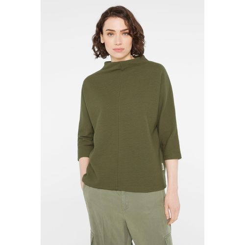 3/4-Arm-Shirt SENSES.THE LABEL, Damen, Gr. M, grün (natural khaki), Material: 63% Baumwolle, 32% Polyester, 5% Elasthan, Strukturmuster, casual, lässig geschnitten normal, 3/4-Ärmel Fledermausärmel gerader Abschluss, Shirts, mit Baumwolle