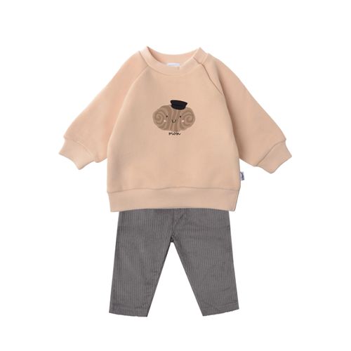 Sweatanzug LILIPUT "Franzbrötchen", Kinder, Gr. 98/104, grau (grau, beige), 80% Baumwolle, 20% Polyester, bedruckt, Sportanzüge, mit niedlichem Franzbrötchen-Print