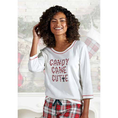Pyjamaoberteil LASCANA, Damen, Gr. 40/42, beige (ecru), Interlock, Obermaterial: 100% Baumwolle, festlich, comfort fit hüftlang, Rundhals, Halbarm kontrastfarben, Shirts Nachtwäsche Pyjama, mit Schriftzug