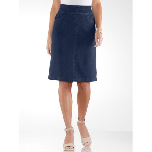 Jeansrock CLASSIC BASICS, Damen, Gr. 54, blau (blau, stone, washed), 81% Baumwolle, 17% Polyester, 2% Elasthan, unifarben, knielang, Röcke