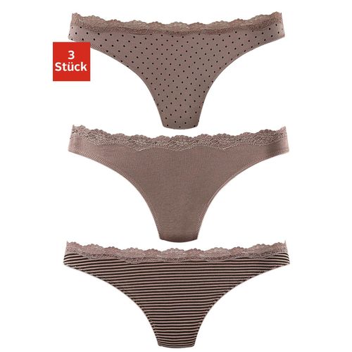 String LASCANA, Damen, Gr. 44/46, grau (taupe, uni, gepunktet, gestreift, gestreift), Obermaterial: 95% Baumwolle, 5% Elasthan. Spitze: 87% Polyamid, 13% Elasthan, unifarben, gestreift, gepunktet, körpernah, Unterhosen, aus elastischer Baumwolle mit zarter Spitze