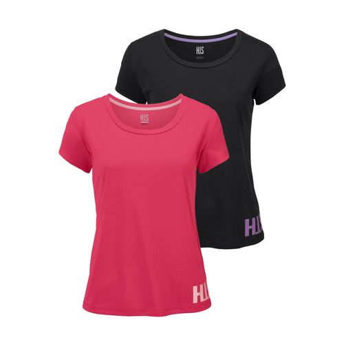 Funktionsshirt H.I.S, Damen, Gr. 36/38, schwarz, koralle, Obermaterial: 100% Polyester, sportlich, figurbetont hüftlang, Rundhals, Kurzarm durchgesteppt, Shirts, figurbetonter Schnitt, sportlicher Look, mit trendigem Logodruck