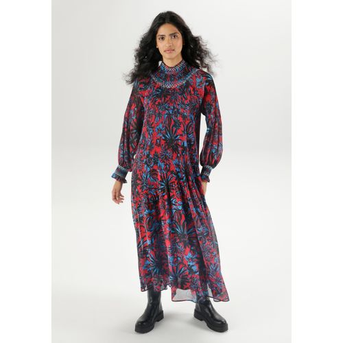 Maxikleid ANISTON CASUAL, Damen, Gr. 46, N-Gr, bunt (rot, schwarz, türkis, wollweiß), Web, Obermaterial: 100% Polyester. Futter: 100% Polyester, bedruckt, geblümt, modisch, figurumspielend lang, Langarm Smokbündchen mit Gummizug, Kleider, mit fantasievollen Blüten bedruckt
