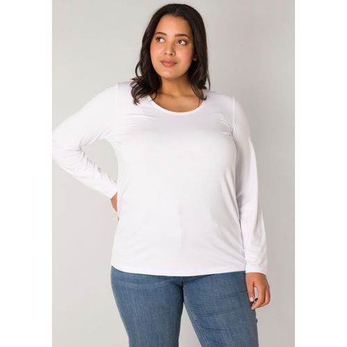 Langarmshirt BASE LEVEL CURVY, Damen, Gr. 48, weiß, Web, Obermaterial: 96% Viskose, 4% Elasthan, unifarben, regular fit hüftbedeckend, Rundhals, Shirts, mit Rundhalsausschnitt