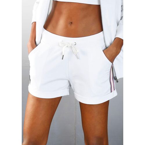 Strandshorts H.I.S, Damen, Gr. 32/34, N-Gr, weiß, Sweatware, Obermaterial: 77% Baumwolle, 20% Polyester, 3% Elasthan, unifarben mit Farbeinsätzen, sportlich, Basic kurz, Hosen Sweatshorts, mit seitlichen Tapestreifen