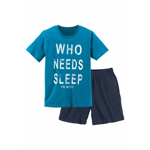 Pyjama AUTHENTIC LE JOGGER, Kinder, Gr. 182, bunt (türkis, marine), Jersey, Obermaterial: 100% Baumwolle, bedruckt, Basic, bequem kurz, Rundhals, Kurzarm abgesteppte Kante, Homewear-Sets, Schlafanzug mit Spruch 