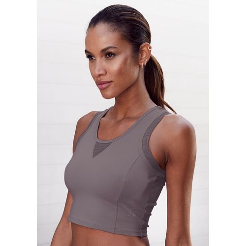 Funktionsshirt LASCANA ACTIVE, Damen, Gr. XS (32/34), grau (stone), Jersey, Obermaterial: 95% Baumwolle, 5% Elasthan, unifarben, Mesh, sportlich, figurbetont bauchfrei, Rundhals, ohne Ärmel, Shirts Sportbekleidung Sporttop, mit Racerback und Mesh-Einsätzen