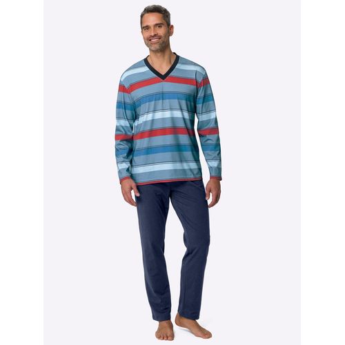 Schlafanzug, Herren, Gr. 56/58, bunt (marine, rot, gestreift), 100% Baumwolle, Homewear-Sets