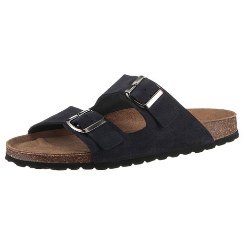 Pantolette MAN'S WORLD, Herren, Gr. 45, blau (dunkelblau), Veloursleder, klassisch, Schuhe, Schlappen, Sommerschuh, Hausschuh mit vorgeformtem Fußbett