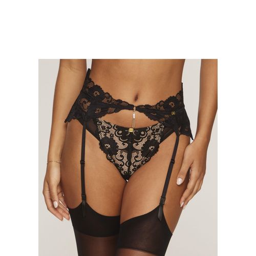 Strapsgürtel JETTE, Damen, Gr. 36/38, N-Gr, schwarz (schwarz, karamell), Spitze, Obermaterial: 90% Polyamid, 10% Elasthan, Strumpfhalter, aus floraler Spitze mit extravagantem Glitzeraccessoire, sexy Dessous