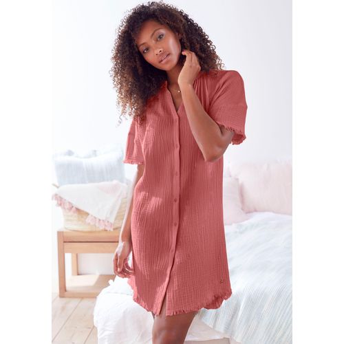 Nachthemd S.OLIVER, Damen, Gr. 32, N-Gr, rot (rostrot), Obermaterial: 100% Baumwolle, unifarben, casual, bequem knielang, V-Ausschnitt, Halbarm weit leicht ausgefranste Kante, Kleider, aus gewebtem Musselinstoff