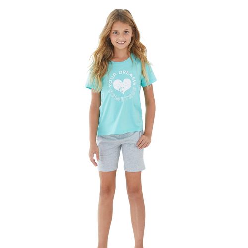 Pyjama BUFFALO, Kinder, Gr. 146/152, grau (mint, grau, meliert), Jersey, Obermaterial: 100% Baumwolle, bedruckt, Basic, bequem kurz, Rundhals, Kurzarm abgesteppte Kante, Homewear-Sets, Schlafanzug mit Herz Print vorn