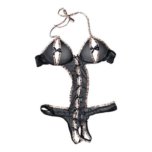 Body-Ouvert PETITE FLEUR GOLD, Damen, Gr. 85, Cup D, schwarz (schwarz, leo bedruckt), Netz, Obermaterial: 90% Polyamid, 10% Elasthan, sexy, eng, tiefer V-Ausschnitt, Bodies, mit Bügel, aus leicht transparentem Material, sexy Dessous, Reizwäsche