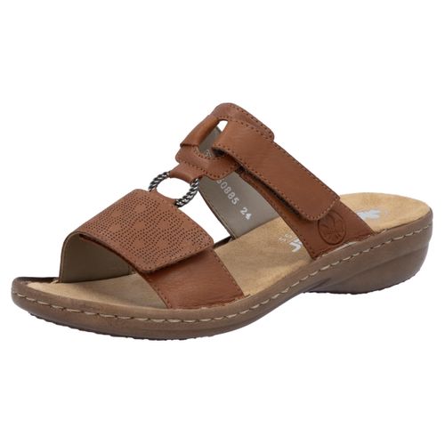 Pantolette RIEKER, Damen, Gr. 39, braun (cognac), Lederimitat, unifarben, casual, Schuhe, Sommerschuh, Strandschuh, Klettschuh mit Perforation, Topseller