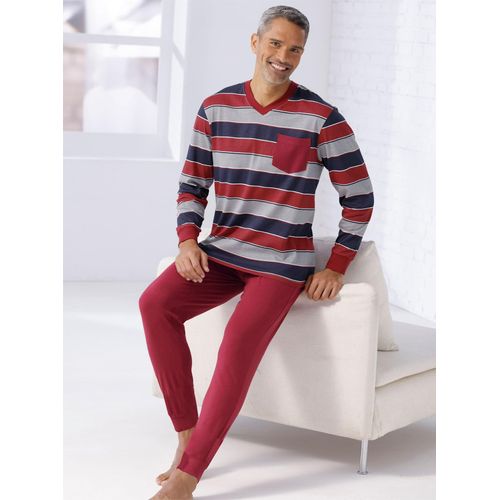 Schlafanzug, Herren, Gr. 60/62, rot (dunkelrot, gestreift), 100% Baumwolle, Langarm, Homewear-Sets