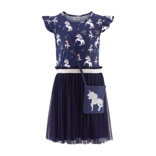 Midikleid HAPPY GIRLS, Mädchen, Gr. 146, N-Gr, blau (navy), Jersey, Obermaterial: 95% Baumwolle, 5% Elasthan. Futter: 100% Polyester. Unterteil: 100% Polyester, bedruckt, casual, regular fit wadenlang, Rundhals, Kurzarm, Kleider