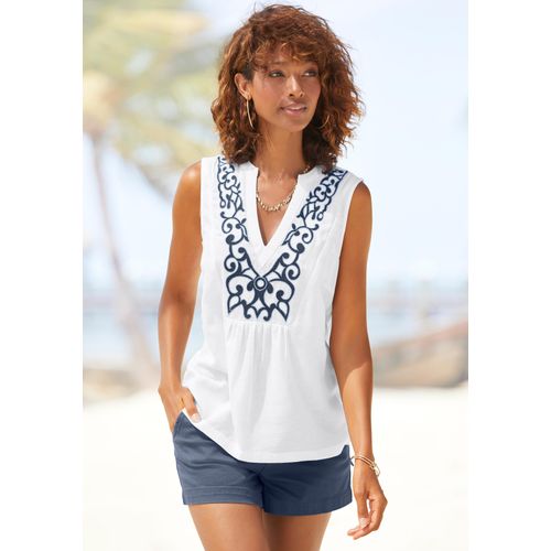 Blusentop LASCANA, Damen, Gr. 40, blau (weiß navy), Web, Obermaterial: 58% Viskose, 28% Baumwolle, 14% Leinen, bestickt, casual, figurumspielend, tiefer V-Ausschnitt, ohne Ärmel, Blusen, mit Stickerei am V-Ausschnitt