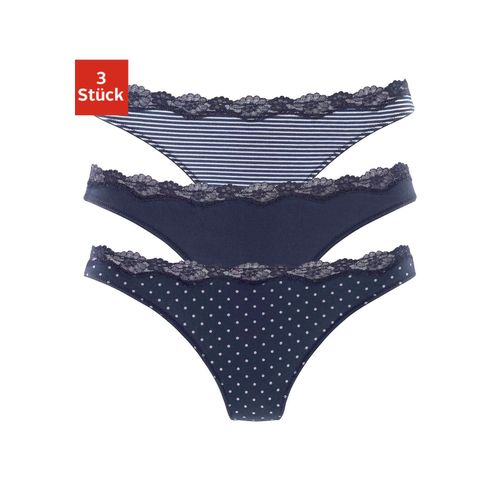 String LASCANA, Damen, Gr. 32/34, blau (marine, gepunktet, gestreift, uni), Obermaterial: 95% Baumwolle, 5% Elasthan. Spitze: 87% Polyamid, 13% Elasthan, unifarben, gestreift, gepunktet, körpernah, Unterhosen, aus elastischer Baumwolle mit zarter Spitze