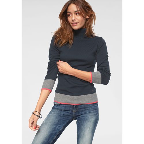 Rollkragenpullover AJC, Damen, Gr. 44/46 (L), bunt (marine, grau, coral), Feinstrick, Obermaterial: 50% Baumwolle, 50% Polyacryl, kontrastfarbene Details, unifarben mit Farbeinsatz, casual, sehr figurbetont hüftlang, Langarm Rippbündchen, Pullover, mit Farbkontrasten