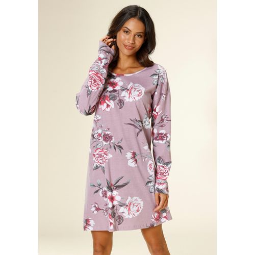 Nachthemd VIVANCE DREAMS, Damen, Gr. 36/38, N-Gr, lila, Single Jersey, Obermaterial: 100% Baumwolle, geblümt, feminin, bequem kurz, Rundhals, Langarm Bündchen, Kleider, mit großem Blumendruck