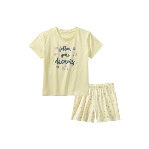 Schlafanzug BUFFALO, Kinder, Gr. 134/140, gelb, Single Jersey, Obermaterial: 100% Baumwolle, bedruckt, casual, Rundhals, Kurzarm abgesteppte Kante, Homewear-Sets, mit Blümchen Print