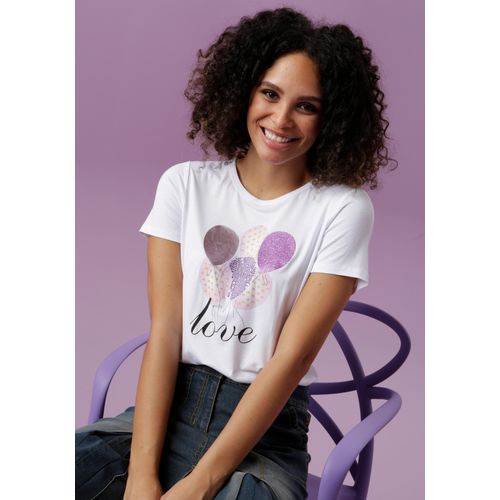 T-Shirt ANISTON CASUAL, Damen, Gr. 44, bunt (weiß, rosa, lila, braun, flieder, gelb, orange, schwarz), Single Jersey, Obermaterial: 95% Viskose, 5% Elasthan, bedruckt, Glitzermuster, modisch, figurumspielend hüftbedeckend, Rundhals, Kurzarm, Shirts, mit Luftballons bedruckt, teilweise mit Pailletten und Glitzerdruck, Topseller