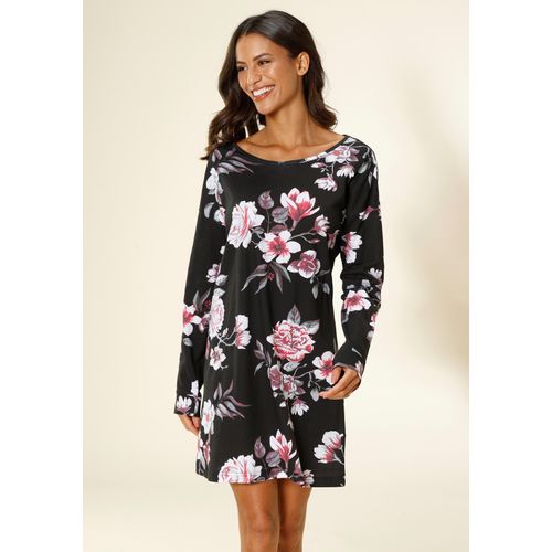 Nachthemd VIVANCE DREAMS, Damen, Gr. 32/34, N-Gr, schwarz (schwarz, schwarz), Single Jersey, Obermaterial: 100% Baumwolle, geblümt, feminin, bequem kurz, Rundhals, Langarm Bündchen, Kleider, mit großem Blumendruck