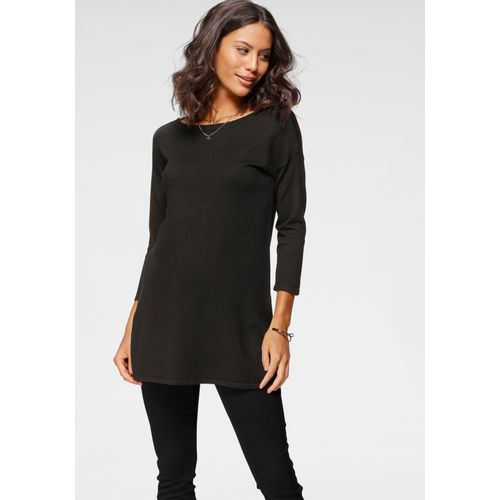 Longpullover LAURA SCOTT, Damen, Gr. 34, schwarz, Feinstrick, Obermaterial: 70% Viskose, 30% Polyamid, unifarben, meliert, Basic, lässig geschnitten hüftbedeckend, Rundhals, 3/4-Ärmel, Pullover, mit Seitenschlitzen