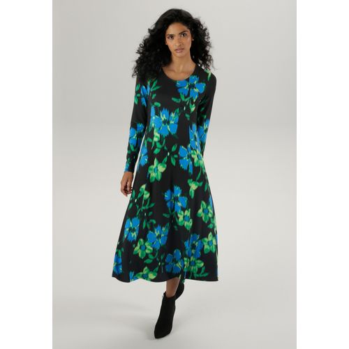 Midikleid ANISTON SELECTED, Damen, Gr. 38, N-Gr, bunt (schwarz, limettengrün, grün, blau, gelb), Single Jersey, Obermaterial: 95% Viskose, 5% Elasthan, bedruckt, geblümt, modisch, figurbetont Midi, Rundhals, Langarm, Kleider, mit Blumendruck in verschwommener Optik