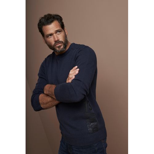 Rundhalspullover ARIZONA, Herren, Gr. XL (56/58), blau (marine), Obermaterial: 50% Baumwolle, 50% Polyacryl. Schultereinsatz: 100% Baumwolle, unifarben, casual, normal, Rundhals, Langarm Rippstrickbündchen, Pullover, mit seitlichem Print