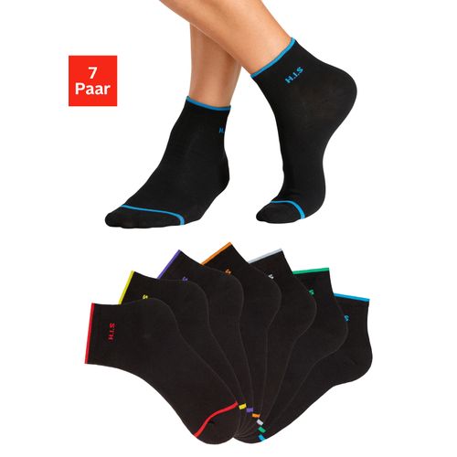 Kurzsocken H.I.S, Herren, Gr. 39-42, schwarz (7x schwarz), Baumwollmischung, geringelt, elastisch, Socken, mit farbigen Bündchen