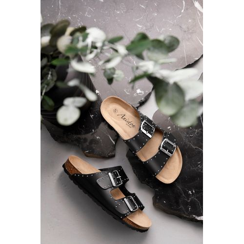 Pantolette ANISTON SHOES, Damen, Gr. 37, schwarz, Leder, modisch, Schuhe, Sommerschuh, Strandschuh, Nieten - NEUE KOLLEKTION