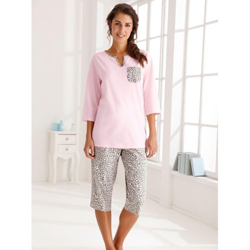 Schlafanzug, Damen, Gr. 36/38, rosa (rosé, grau, bedruckt), 100% Baumwolle, 3/4-Ärmel, Homewear-Sets