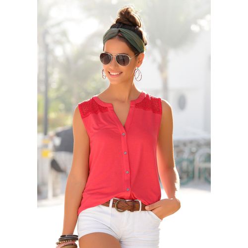 Strandtop S.OLIVER, Damen, Gr. 32/34, orange (koralle), Jersey, Obermaterial: 95% Viskose, 5% Elasthan. Spitze: 95% Polyamid, 5% Elasthan, figurumspielend hüftlang, V-Ausschnitt, Tops, mit Spitzeneinsatz