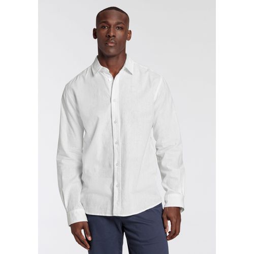 Leinenhemd DELMAO, Herren, Gr. XL (45/46), N-Gr, blau (blau, grau), Web, Obermaterial: 55% Leinen, 45% Baumwolle, bestickt, Basic, tailliert, Langarm verstellbar, Hemden, mit kleiner Stickerei