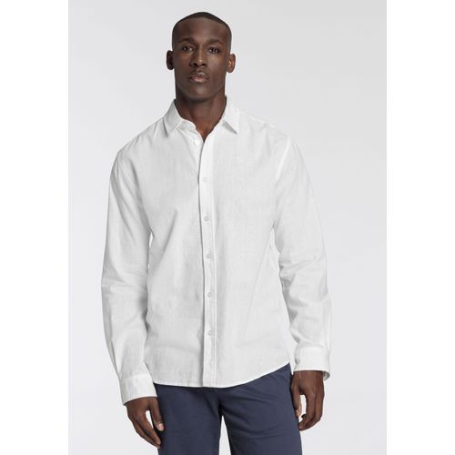 Leinenhemd DELMAO, Herren, Gr. XXXL (49/50), N-Gr, blau (blau, grau), Web, Obermaterial: 55% Leinen, 45% Baumwolle, bestickt, Basic, tailliert, Langarm verstellbar, Hemden, mit kleiner Stickerei