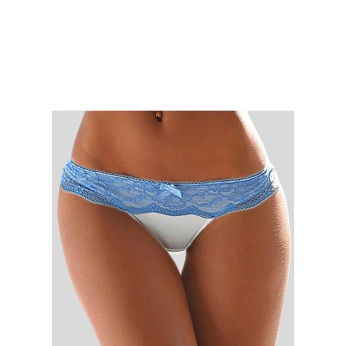 String LASCANA, Damen, Gr. 32/34, beige (creme, blau), Obermaterial: 85% Polyamid, 15% Elasthan, figurbetont, Unterhosen, mit breitem Bund aus blumiger Spitze, Dessous
