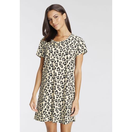 Nachthemd VIVANCE DREAMS, Damen, Gr. 40/42, N-Gr, gelb (hellgelb mit leodruck), Single Jersey, Obermaterial: 100% Baumwolle, animal-print, Basic, bequem ca. Mitte Oberschenkel, Rundhals, Kurzarm, Kleider, mit Animal-Print