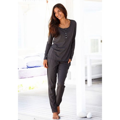 Pyjama ARIZONA, Damen, Gr. 40/42, grau (anthrazit, meliert), Single Jersey, Obermaterial: 60% Baumwolle, 40% Polyester, meliert, casual, bequem lang, Rundhals, Langarm, Homewear-Sets, in melierter Qualität mit Knopfleiste