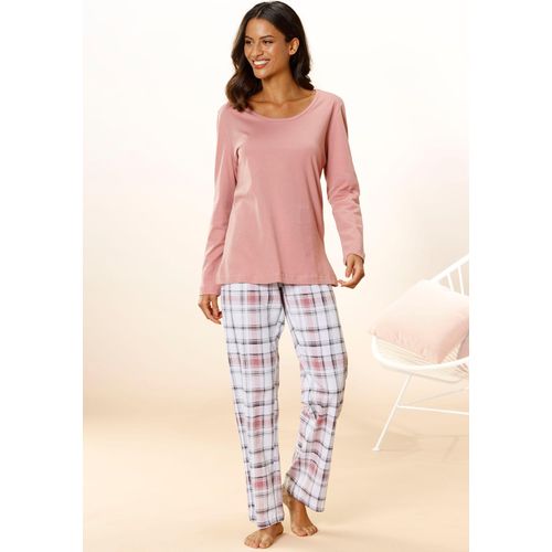 Pyjama ARIZONA, Damen, Gr. 36/38, lila (mauve, weiß), Single Jersey, Obermaterial: 100% Baumwolle, kariert, Basic, Basic lang, Rundhals, Langarm eingesetzt, Homewear-Sets, mit Karo Muster
