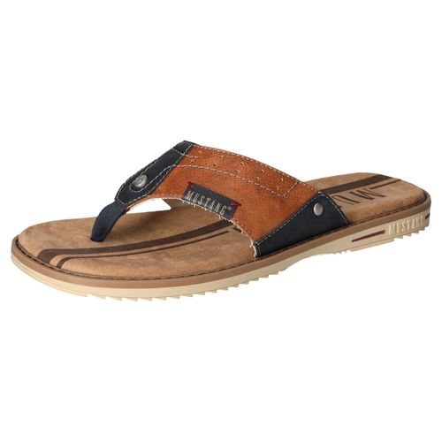 Zehentrenner MUSTANG SHOES, Herren, Gr. 42, blau (cognacfarben, navy), Lederimitat, kontrastfarbene Details, casual, Schuhe, Sommerschuh, Schlappen, Poolslides, Badeschuh, stylische Farbkombi
