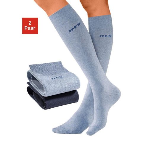 Kniestrümpfe H.I.S, Damen, Gr. 35-38, blau (marine, jeans), Polyamid, Baumwolle, Elasthan, meliert, elastisch, Socken, mit Komfortbündchen