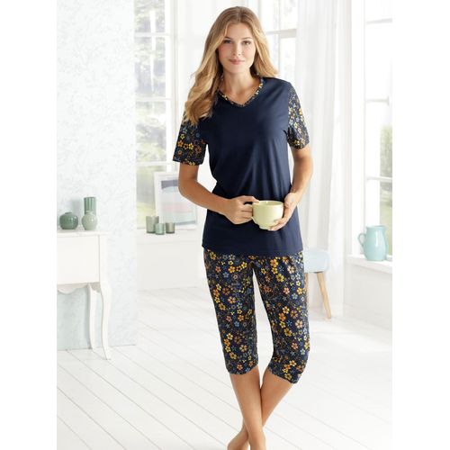 Schlafanzug, Damen, Gr. 56/58, blau (dunkelblau, bedruckt), 100% Baumwolle, Kurzarm, Homewear-Sets