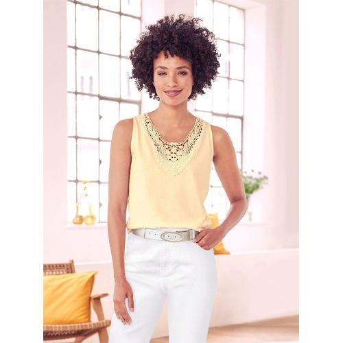 Spitzentop HEINE, Damen, Gr. 44, gelb (zitrone), 100% Baumwolle, Spitze:100% Baumwolle, unifarben, Rundhals, ohne Ärmel, Tops