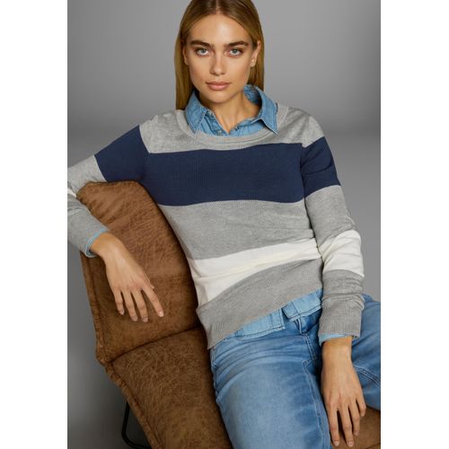 Rundhalspullover AJC, Damen, Gr. 40/42 (M), bunt (grau, jeansblau, weiß, gestreift), Feinstrick, Obermaterial: 50% Baumwolle, 50% Polyacryl, gestreift, casual, sehr figurbetont hüftlang, Rundhals, Langarm eng Rippbündchen, Pullover, mit breiten Block-Streifen