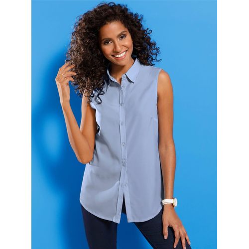Blusentop CLASSIC BASICS, Damen, Gr. 44, blau (hellblau), 100% Polyester, unifarben, ohne Ärmel, Blusen